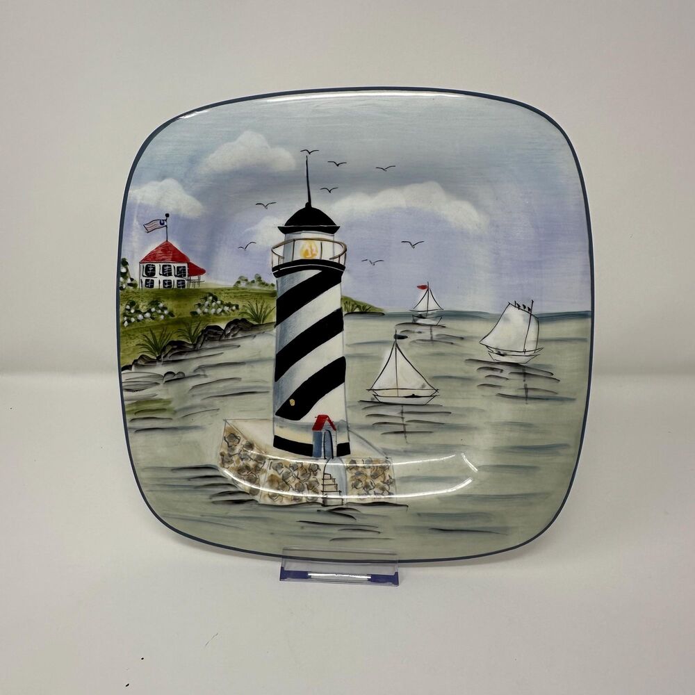 Nautical Sakura Nantucket Shoreline Gracey Knight 9.25" Lighthouse Square Plate